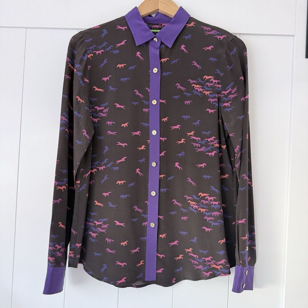 C. Wonder 100% Silk Horse Stampede Blouse M Purple Preppy Old Money Equestrian